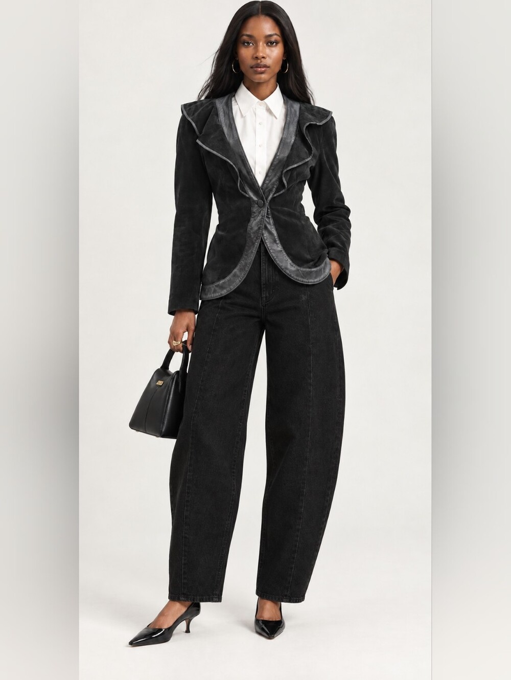 Danier Sculpted Black Suede Leather Trim Ruffle Jacket S